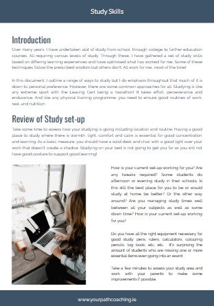 Image of first page a Study Skills Document with small text and an image of a girl at a laptop studying.
